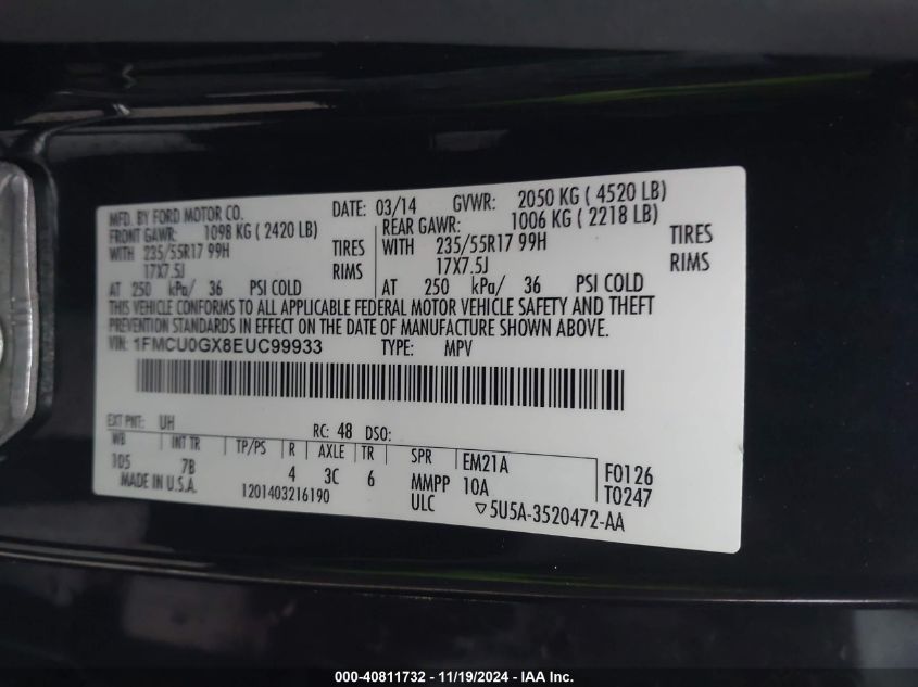 VIN 1FMCU0GX8EUC99933 2014 FORD ESCAPE no.9