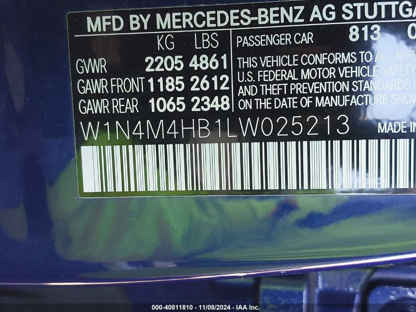 2020 Mercedes-Benz Glb 250 4Matic VIN: W1N4M4HB1LW025213 Lot: 40811810