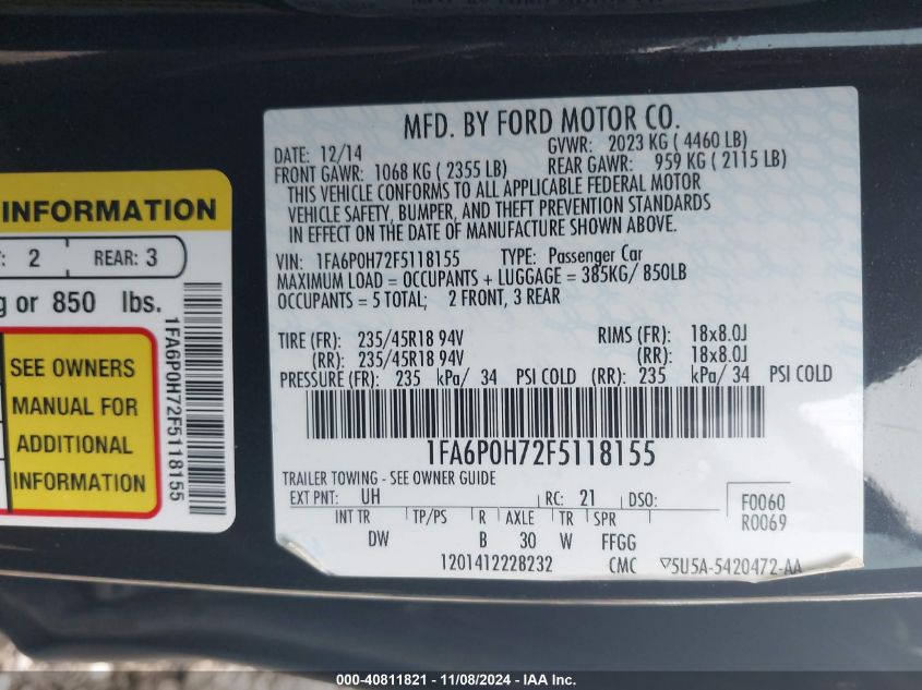 2015 FORD FUSION SE - 1FA6P0H72F5118155