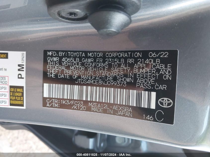 2022 Toyota Corolla Se VIN: JTDS4MCE8NJ099373 Lot: 40811825