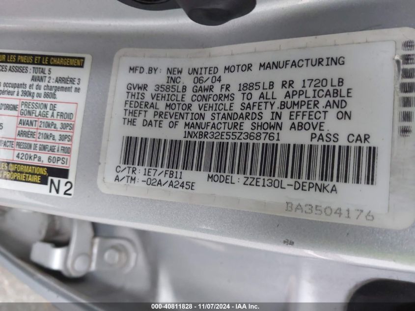 2005 Toyota Corolla Le VIN: 1NXBR32E55Z368761 Lot: 40811828