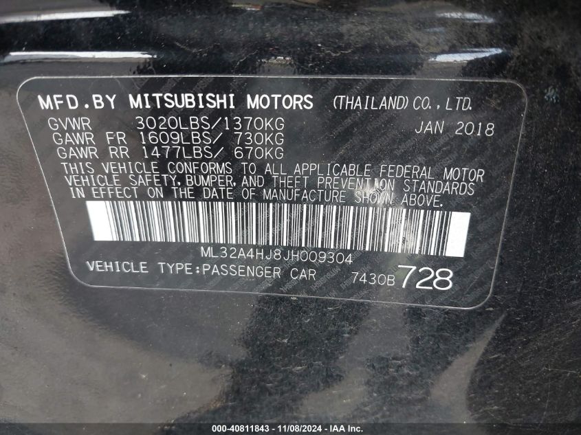 2018 Mitsubishi Mirage Se VIN: ML32A4HJ8JH009304 Lot: 40811843