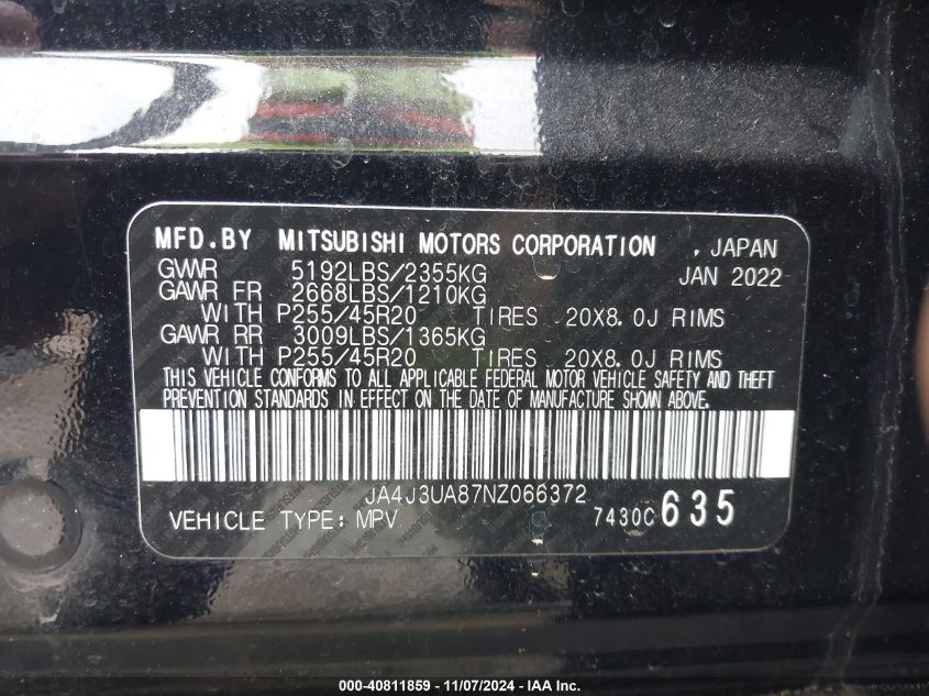 2022 Mitsubishi Outlander Se 2.5 2Wd VIN: JA4J3UA87NZ066372 Lot: 40811859