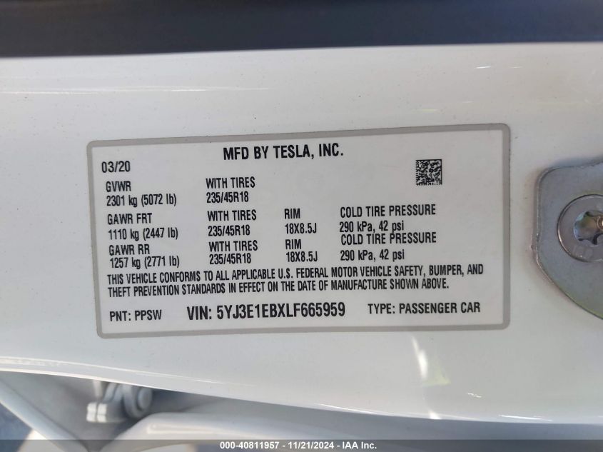 2020 Tesla Model 3 Long Range Dual Motor All-Wheel Drive VIN: 5YJ3E1EBXLF665959 Lot: 40811957