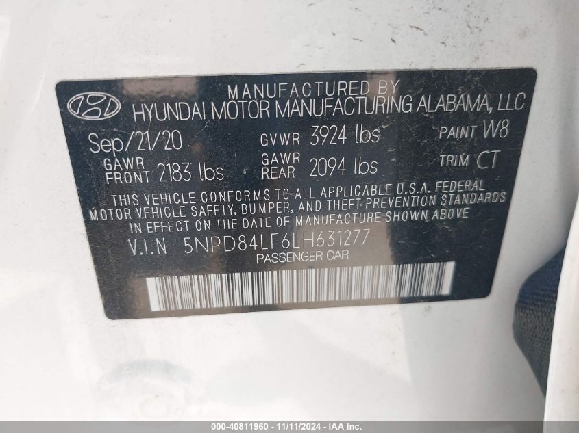 2020 Hyundai Elantra Sel/Value/Limited VIN: 5NPD84LF6LH631277 Lot: 40811960