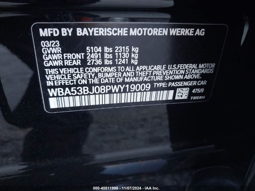 VIN WBA53BJ08PWY19009 2023 BMW 5 Series, 540 I no.9