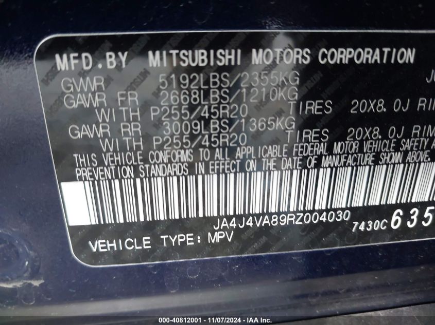 2024 Mitsubishi Outlander Se 2.5 VIN: JA4J4VA89RZ004030 Lot: 40812001