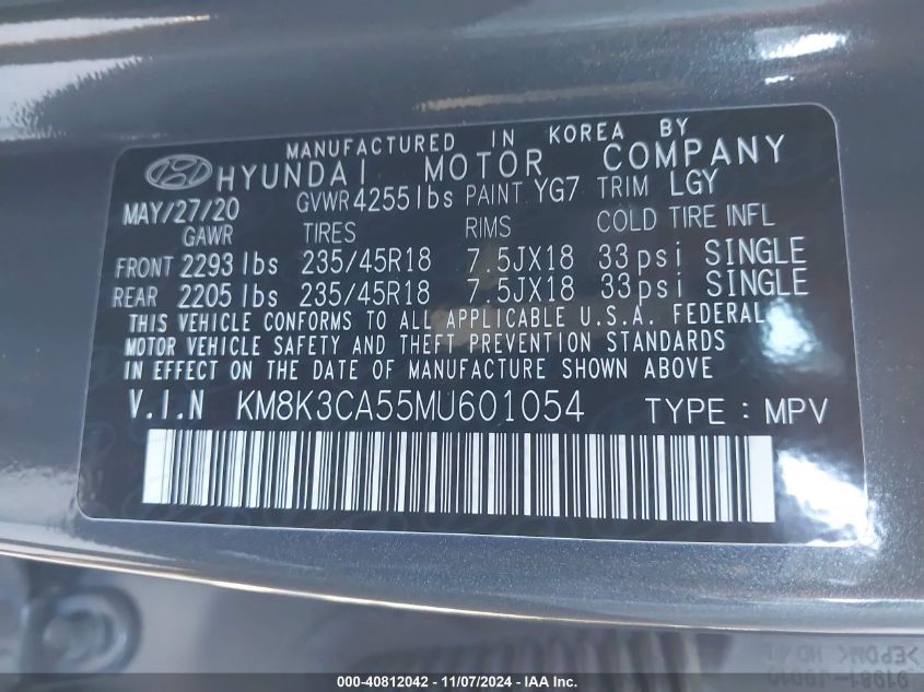 2021 Hyundai Kona Limited VIN: KM8K3CA55MU601054 Lot: 40812042