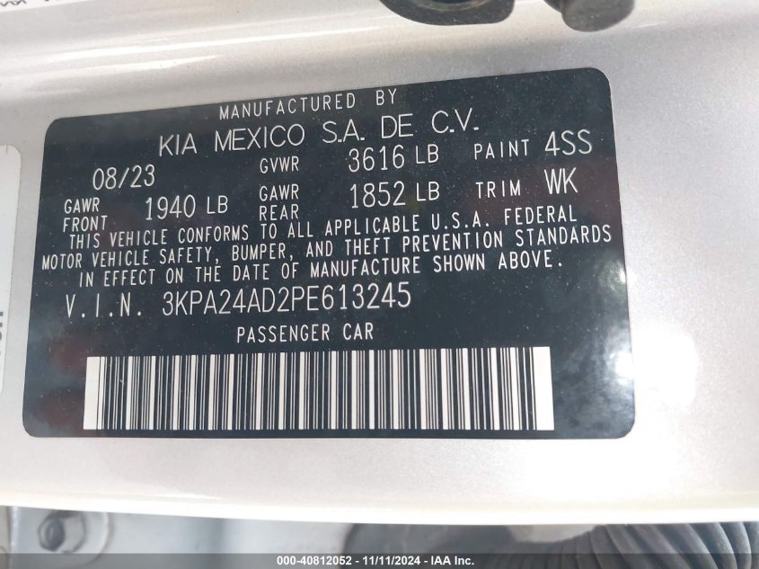 2023 Kia Rio S VIN: 3KPA24AD2PE613245 Lot: 40812052