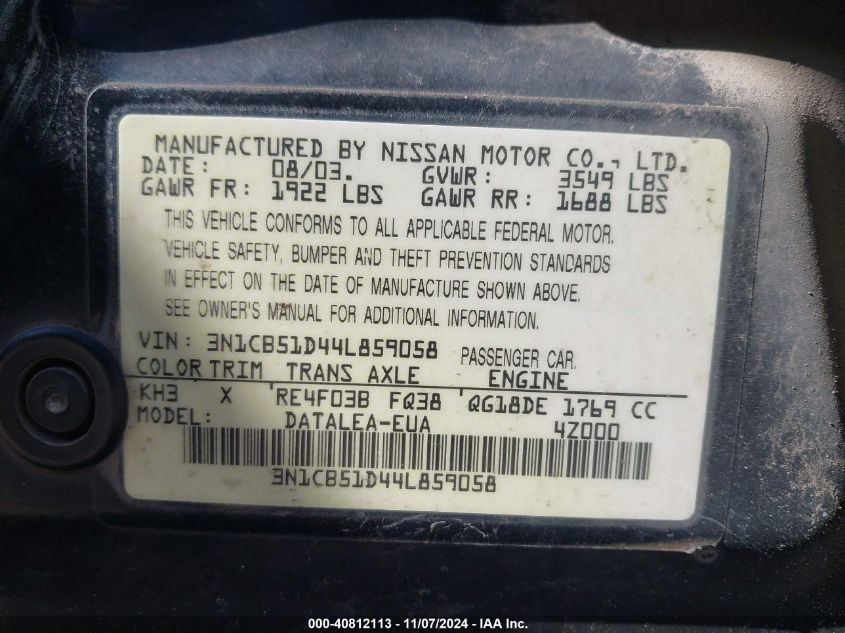 2004 Nissan Sentra 1.8S VIN: 3N1CB51D44L859058 Lot: 40812113