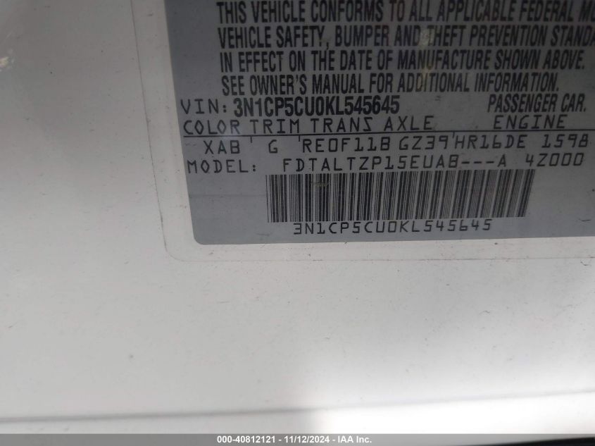 VIN 3N1CP5CU0KL545645 2019 NISSAN KICKS SR