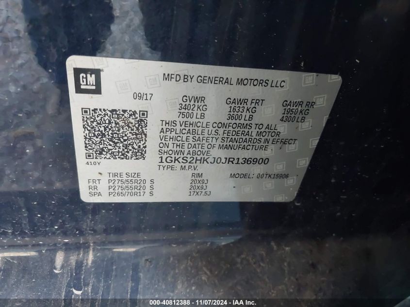 2018 GMC Yukon Xl Denali VIN: 1GKS2HKJ0JR136900 Lot: 40812388