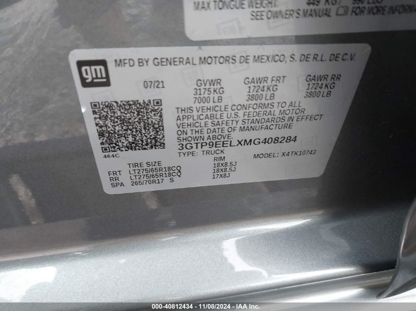 2021 GMC Sierra 1500 4Wd Standard Box At4 VIN: 3GTP9EELXMG408284 Lot: 40812434