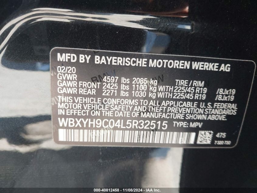 2020 BMW X2 Sdrive28I VIN: WBXYH9C04L5R32515 Lot: 40812458