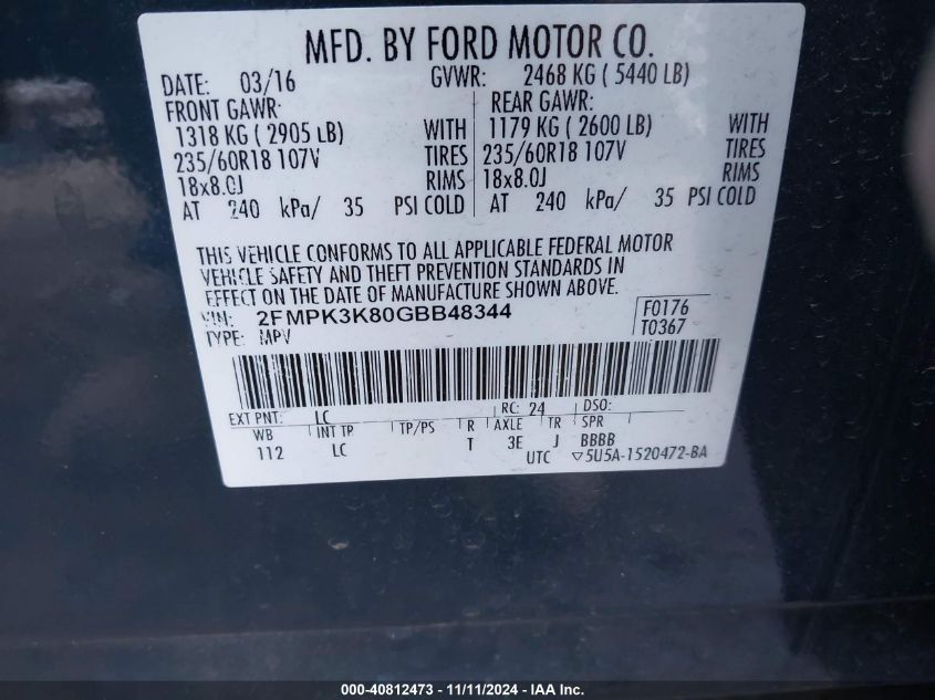 2016 FORD EDGE VIN: 2FMPK3K80GBB48344