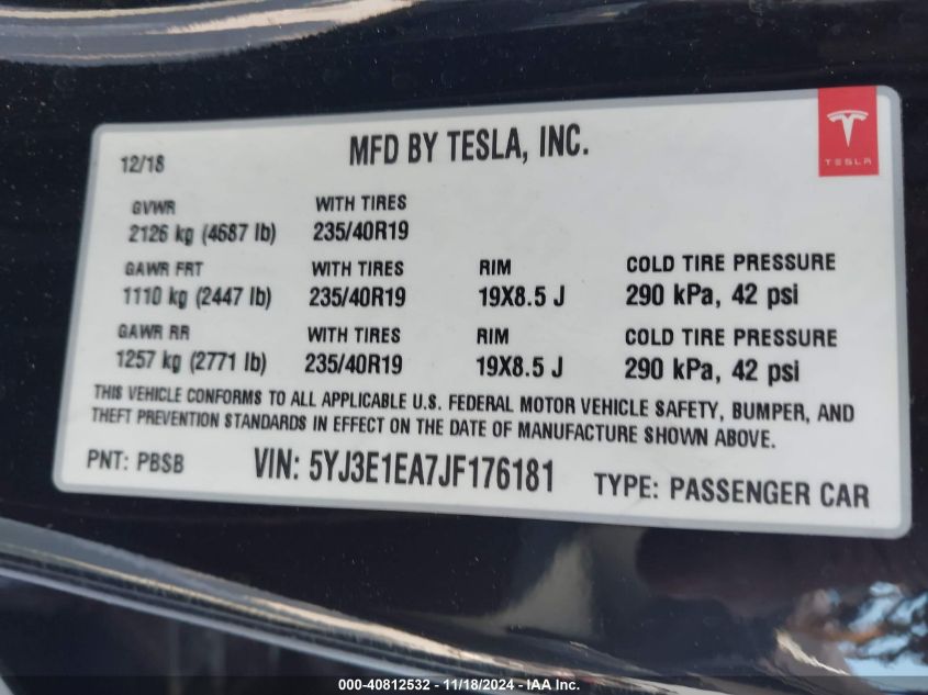 2018 Tesla Model 3 VIN: 5YJ3E1EA7JF176181 Lot: 40812532