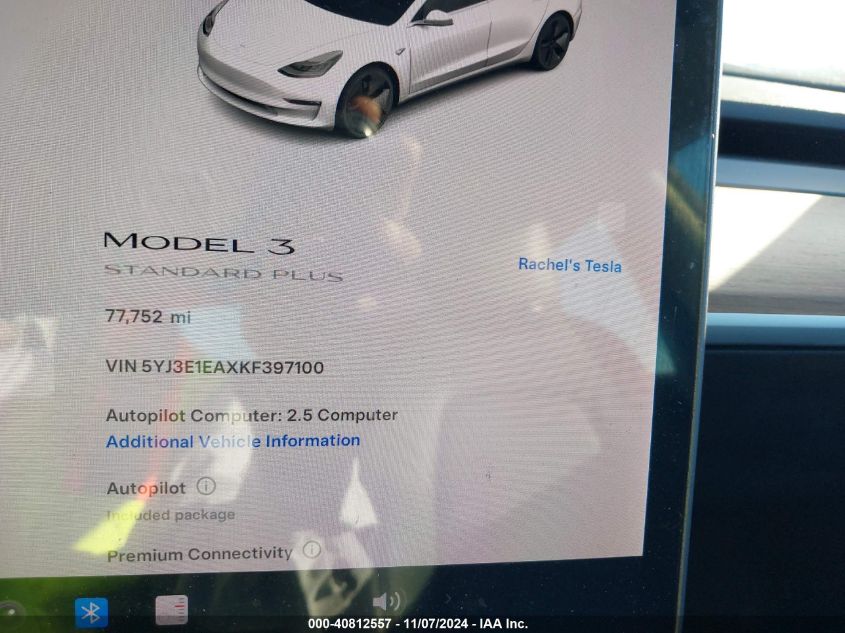 2019 Tesla Model 3 Long Range/Mid Range/Standard Range/Standard Range Plus VIN: 5YJ3E1EAXKF397100 Lot: 40812557