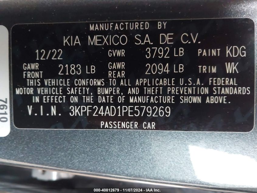 2023 Kia Forte Lxs VIN: 3KPF24AD1PE579269 Lot: 40812679