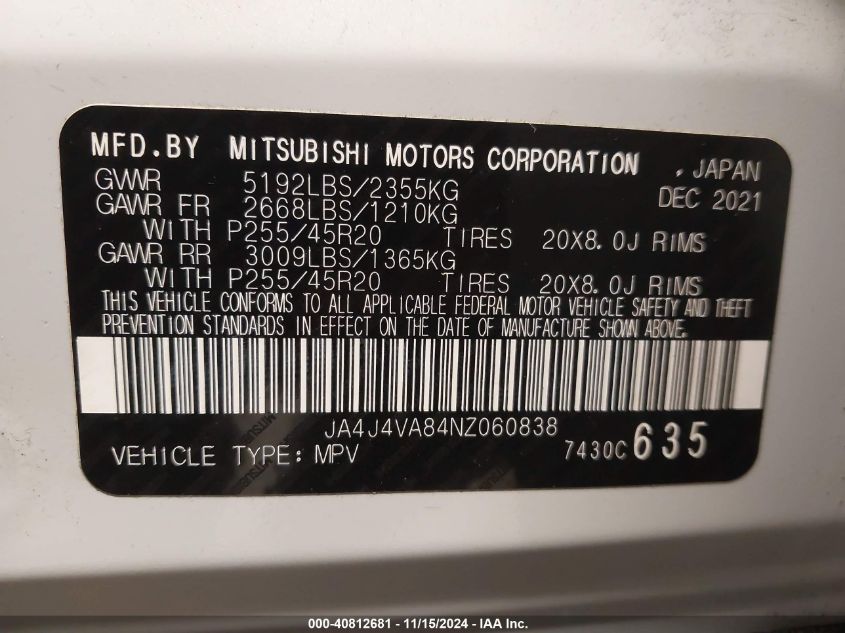 2022 Mitsubishi Outlander Sel Special Edition VIN: JA4J4VA84NZ060838 Lot: 40812681