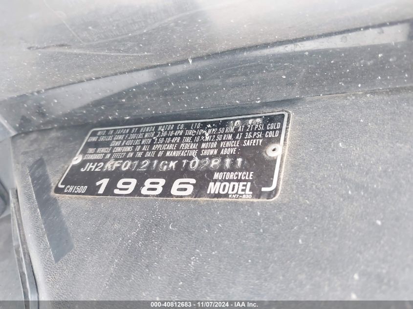 1986 Honda Ch150 VIN: JH2KF0121GK102811 Lot: 40812683