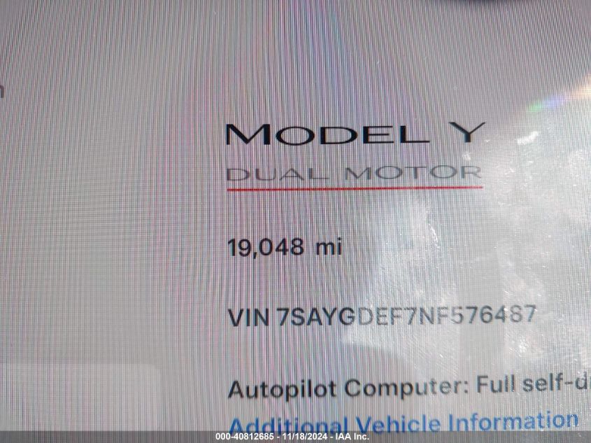 2022 Tesla Model Y Performance Dual Motor All-Wheel Drive VIN: 7SAYGDEF7NF576487 Lot: 40812685