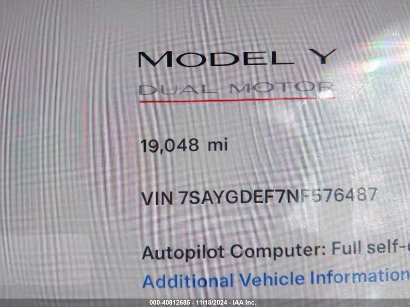 2022 Tesla Model Y Performance Dual Motor All-Wheel Drive VIN: 7SAYGDEF7NF576487 Lot: 40812685