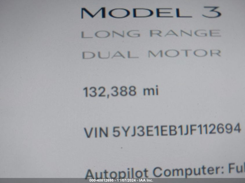 2018 Tesla Model 3 Long Range/Performance VIN: 5YJ3E1EB1JF112694 Lot: 40812695