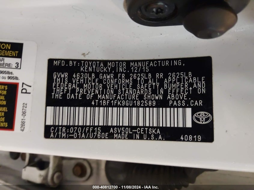2016 TOYOTA CAMRY VIN: 4T1BF1FK9GU182589