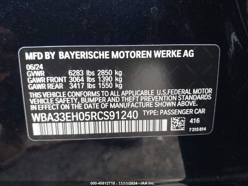 2024 BMW 740 I xDrive VIN: WBA33EH05RCS91240 Lot: 40812718