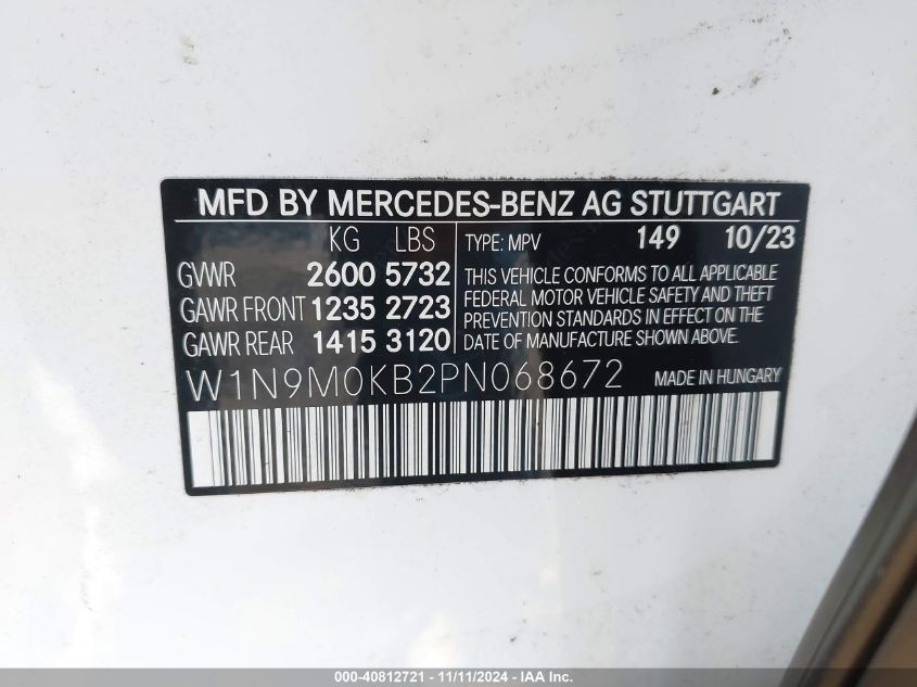 2023 Mercedes-Benz Eqb 300 Suv 4Matic VIN: W1N9M0KB2PN068672 Lot: 40812721