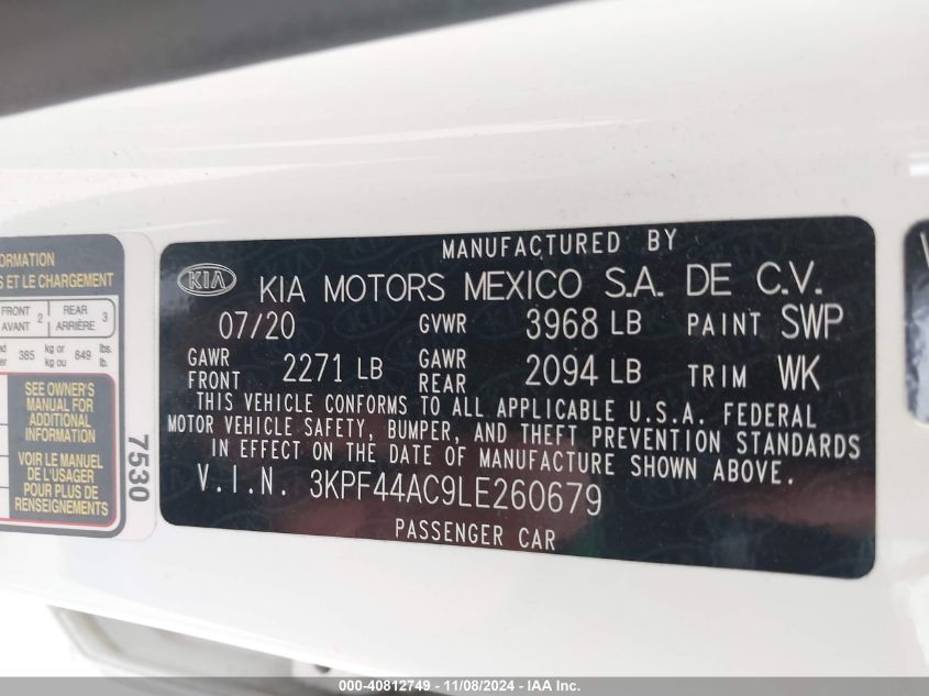 2020 Kia Forte Gt VIN: 3KPF44AC9LE260679 Lot: 40812749