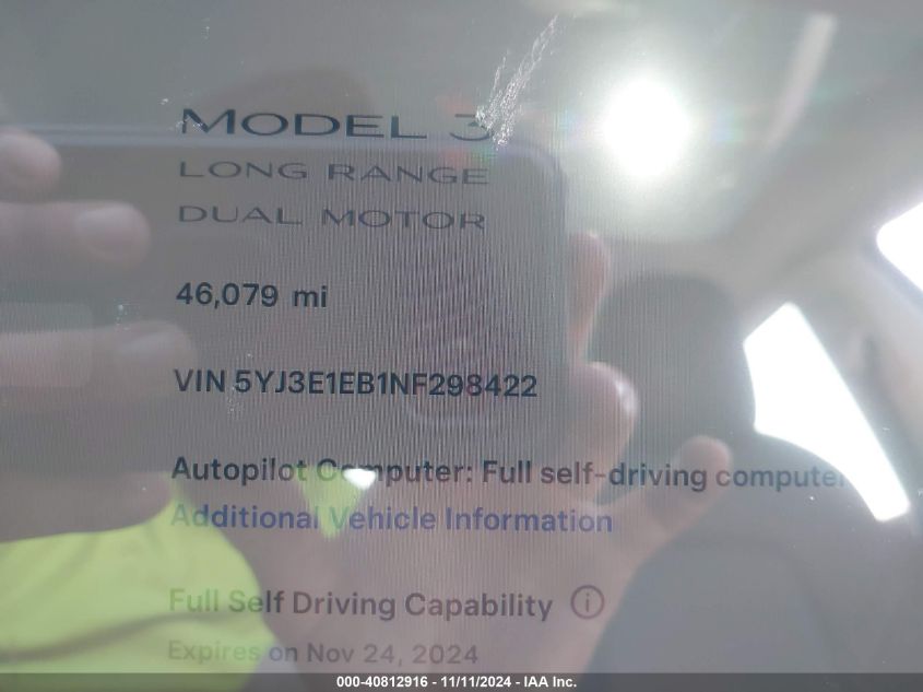 2022 Tesla Model 3 VIN: 5YJ3E1EB1NF298422 Lot: 40812916