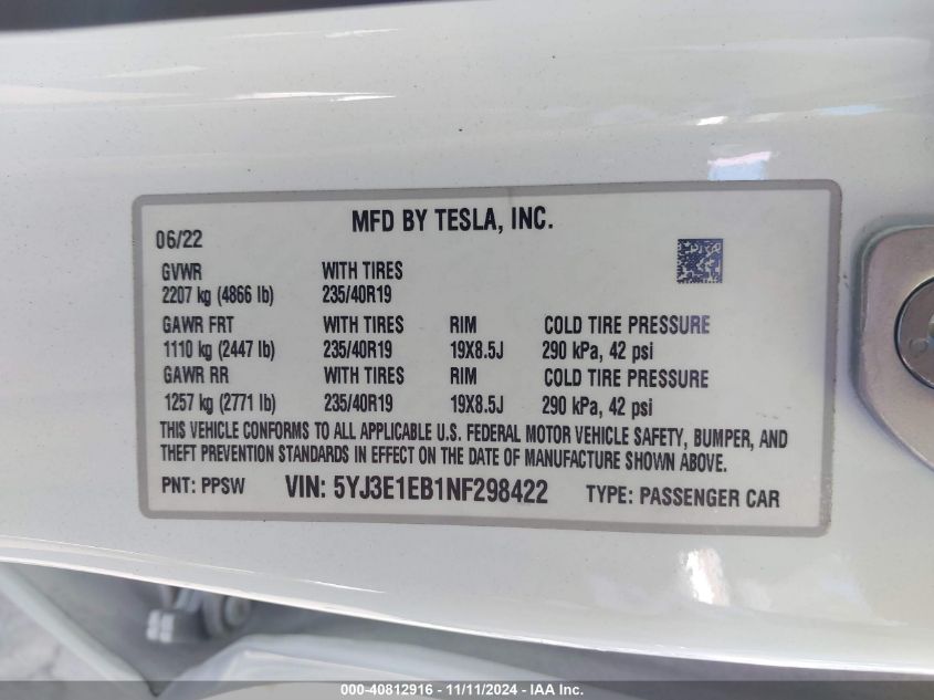 2022 Tesla Model 3 VIN: 5YJ3E1EB1NF298422 Lot: 40812916