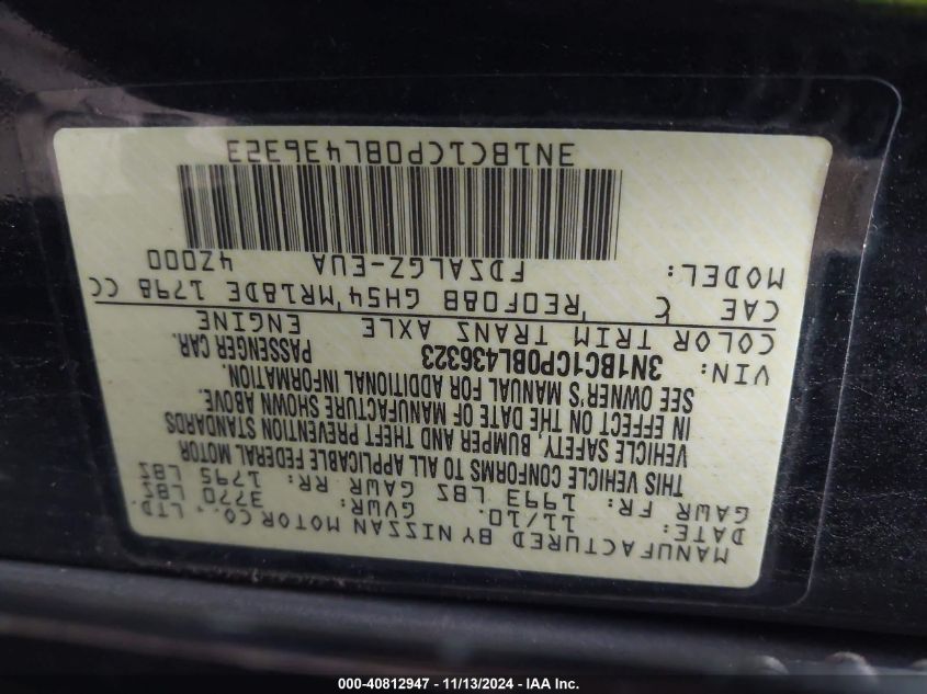 2011 Nissan Versa 1.8Sl VIN: 3N1BC1CP0BL436323 Lot: 40812947