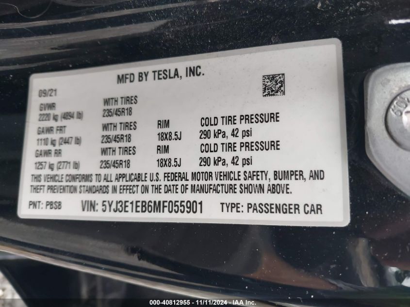 VIN 5YJ3E1EB6MF055901 2021 Tesla Model 3, Long Rang... no.9