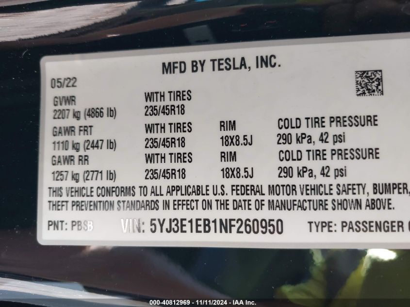 2022 Tesla Model 3 Long Range Dual Motor All-Wheel Drive VIN: 5YJ3E1EB1NF260950 Lot: 40812969