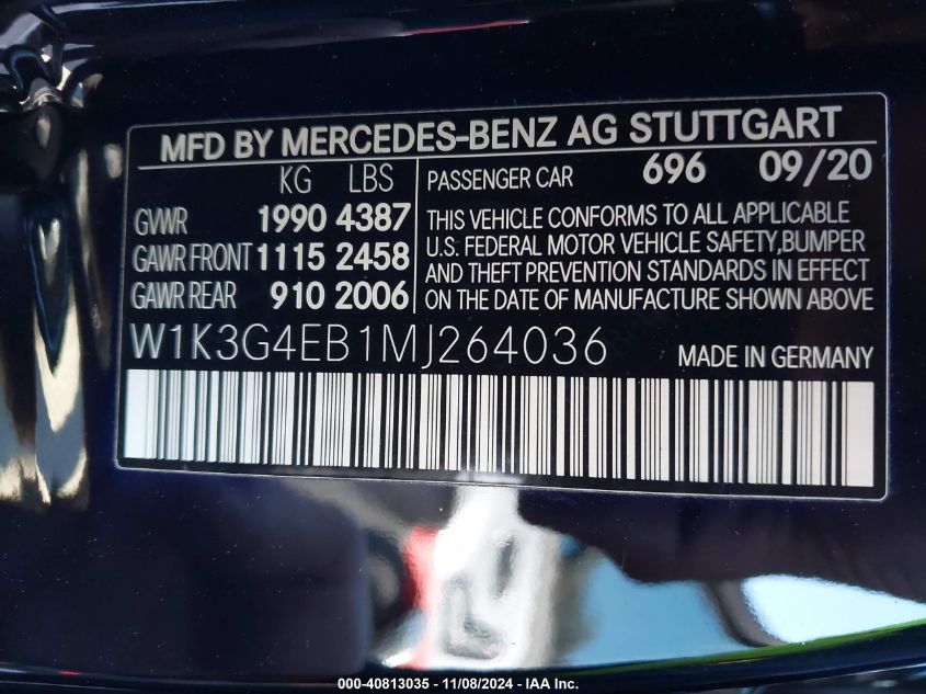 2021 Mercedes-Benz A 220 VIN: W1K3G4EB1MJ264036 Lot: 40813035