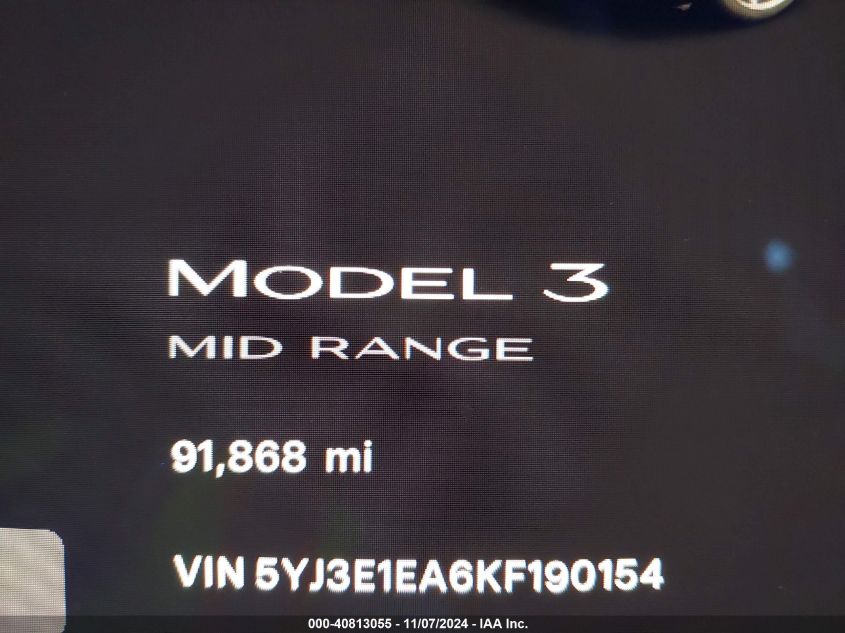 2019 Tesla Model 3 Long Range/Mid Range/Standard Range/Standard Range Plus VIN: 5YJ3E1EA6KF190154 Lot: 40813055