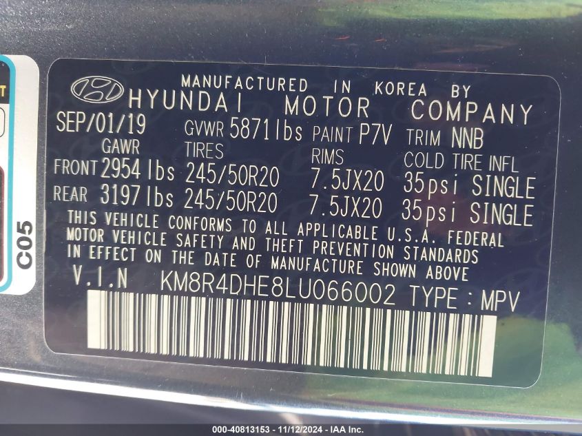 2020 Hyundai Palisade Sel VIN: KM8R4DHE8LU066002 Lot: 40813153