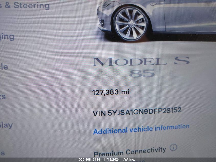 2013 Tesla Model S VIN: 5YJSA1CN9DFP28152 Lot: 40813194