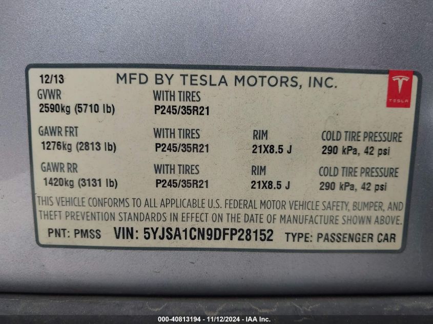 2013 Tesla Model S VIN: 5YJSA1CN9DFP28152 Lot: 40813194