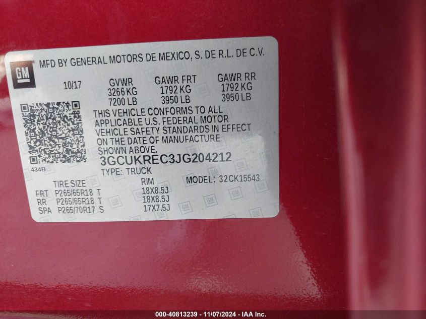 2018 CHEVROLET SILVERADO 1500 VIN: 3GCUKREC3JG204212
