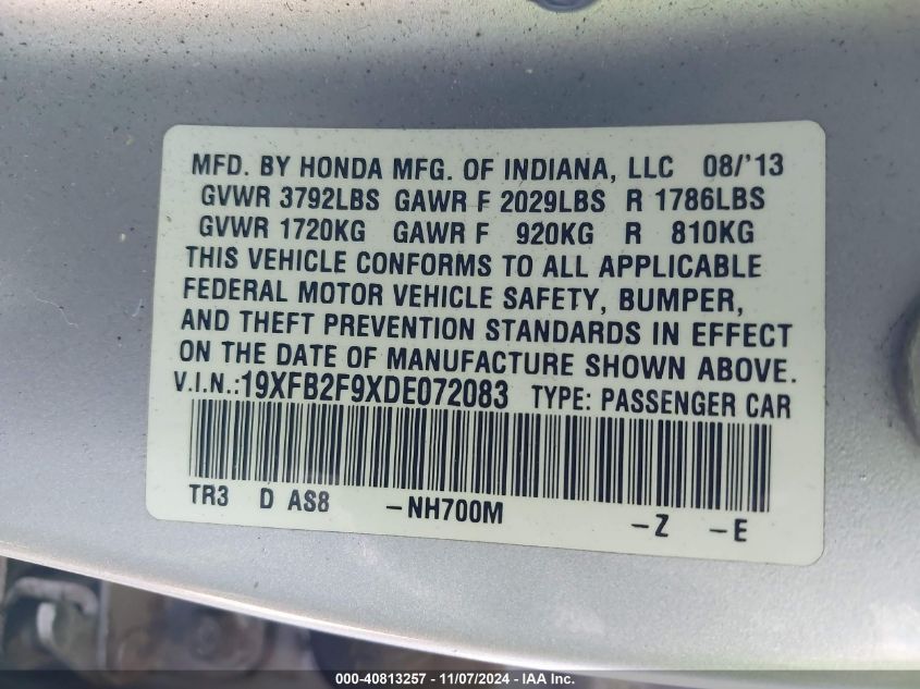 2013 Honda Civic Ex-L VIN: 19XFB2F9XDE072083 Lot: 40813257