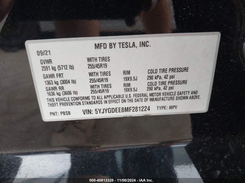 VIN 5YJYGDEE8MF281224 2021 Tesla Model Y, Long Rang... no.9