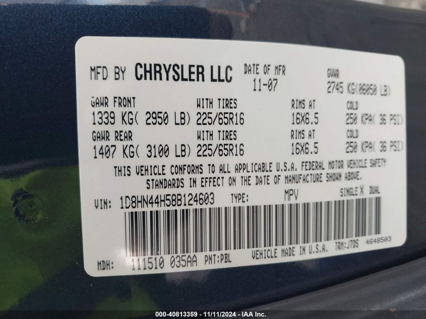 2008 Dodge Grand Caravan Se VIN: 1D8HN44H58B124603 Lot: 40813359