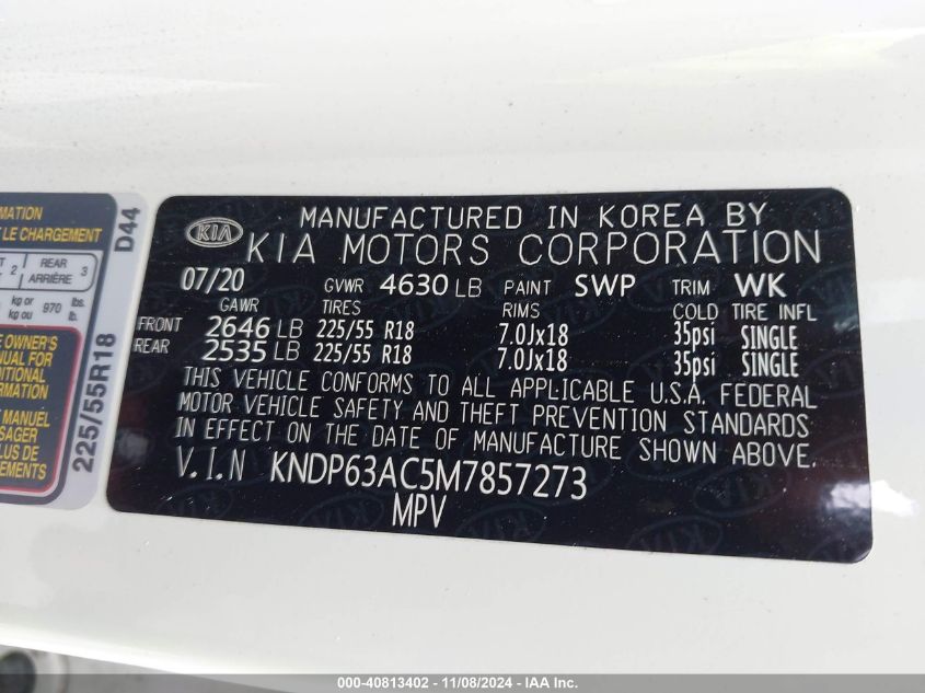 2021 Kia Sportage S VIN: KNDP63AC5M7857273 Lot: 40813402