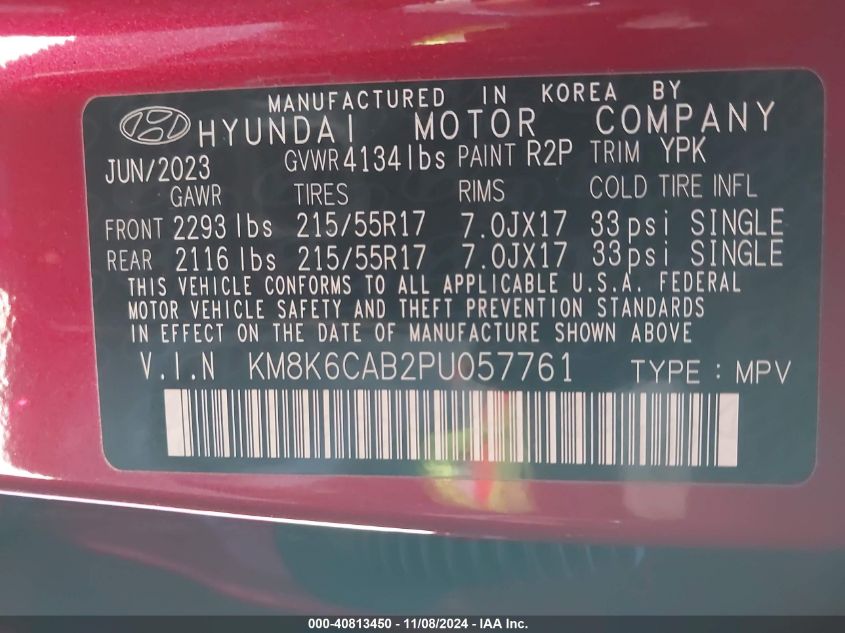 2023 Hyundai Kona Sel VIN: KM8K6CAB2PU057761 Lot: 40813450