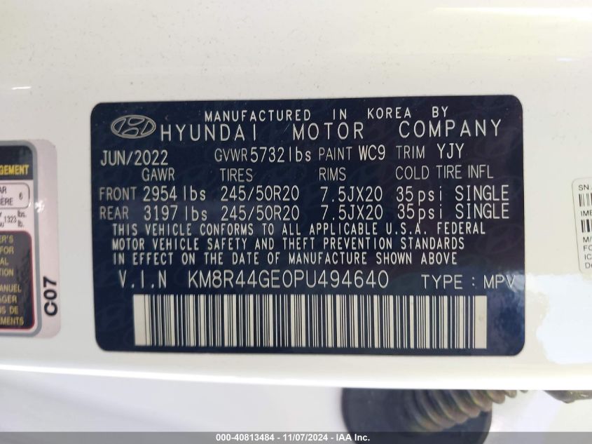 2023 Hyundai Palisade Sel VIN: KM8R44GE0PU494640 Lot: 40813484