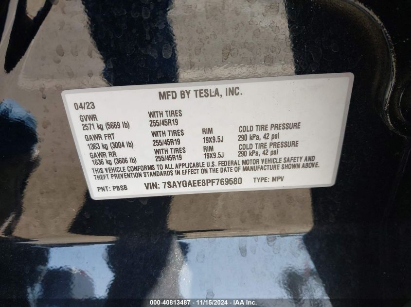 2023 Tesla Model Y Awd/Long Range Dual Motor All-Wheel Drive VIN: 7SAYGAEE8PF769580 Lot: 40813487