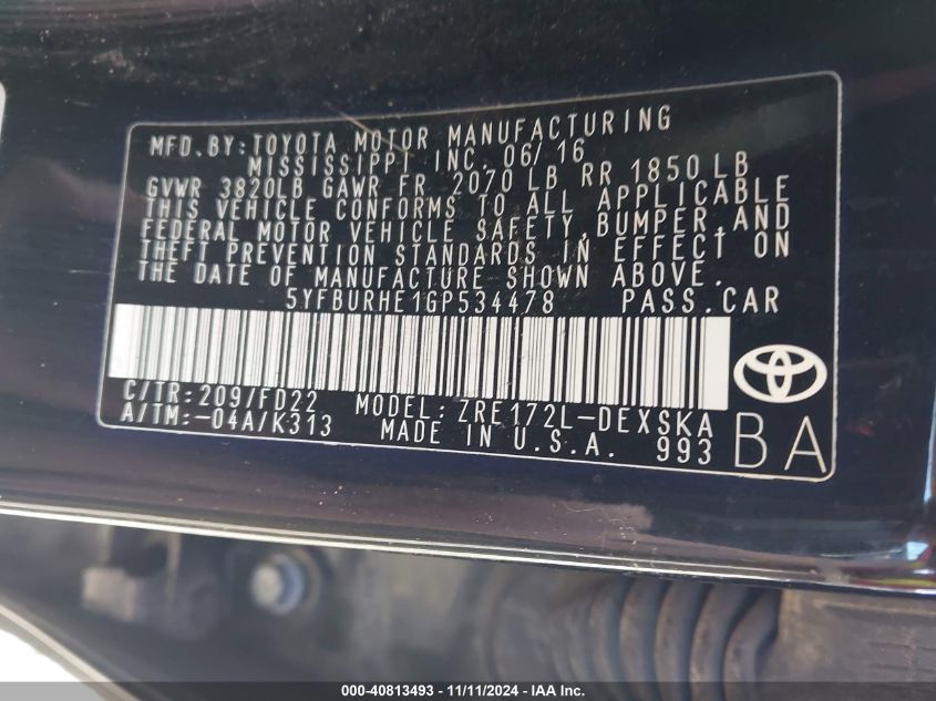 2016 TOYOTA COROLLA VIN: 5YFBURHE1GP534478